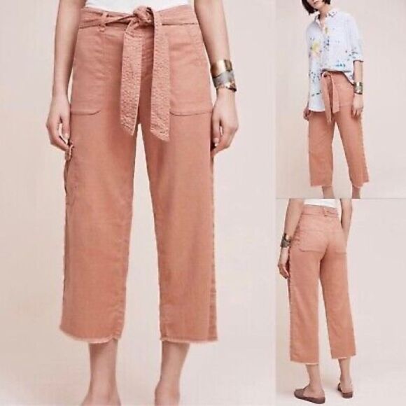 Hei Hei Anthropologie Salmon Button Fly Wm 25 Pants Raw Edge Ankle Belted - Picture 1 of 7
